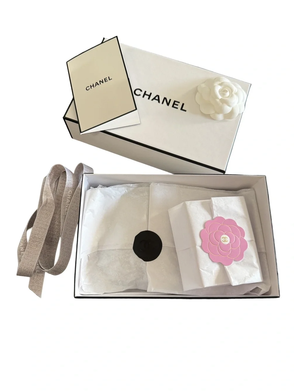 CHANEL White Camellia Floral Ribbon Accent with Silver-Gray Logo Ribbon